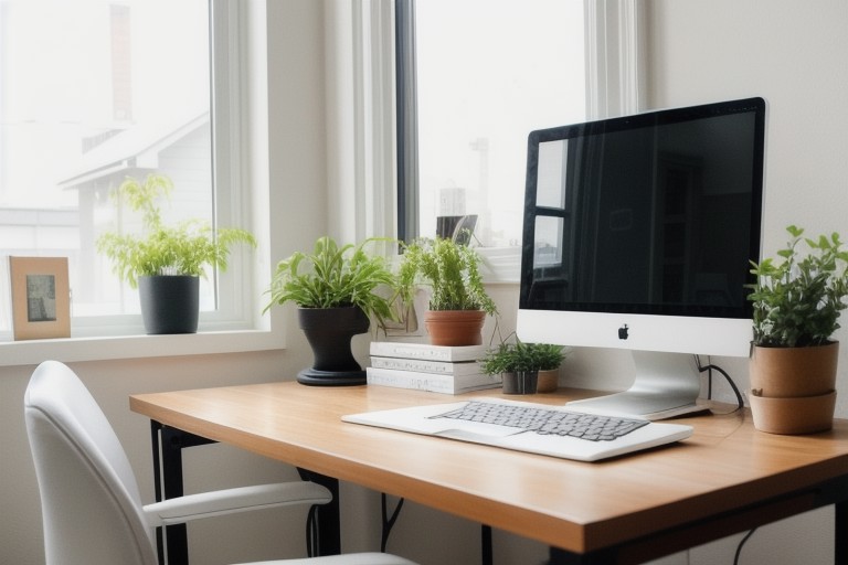 Puesto de trabajo de oficina bien organizado con luz natural para cuidar la espalda