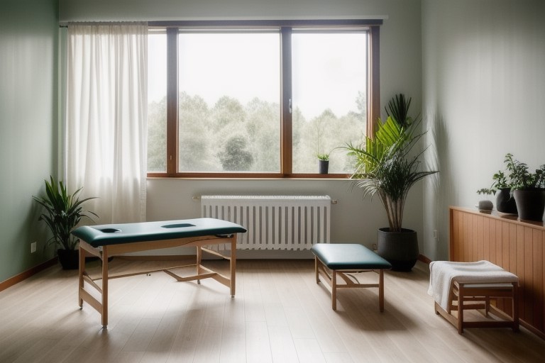 Sala de tratamiento de fisioterapia luminosa y tranquila con camilla