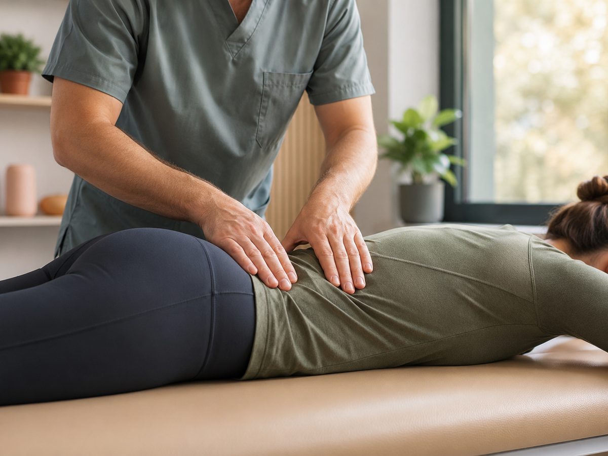 Fisioterapeuta aplicando terapia manual en la zona lumbar de una paciente en FisioSentis, Zaragoza